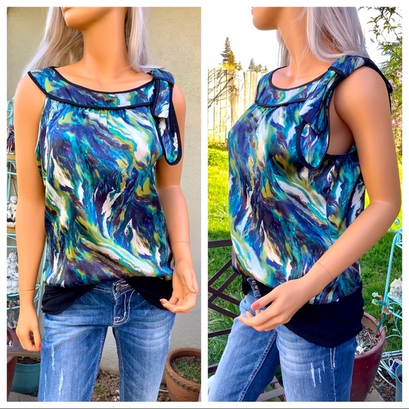 IZBYER Peplum Blouse Bow Accent Water Color Blouse - Picture 7 of 8